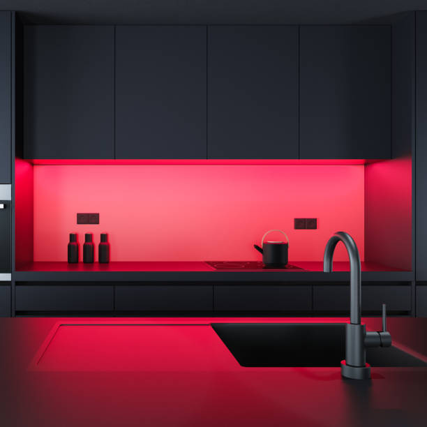 istock Black and Red Modern minimalist kitchen with long island. Dark matte materials. 1783994135