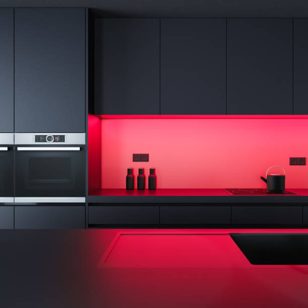 istock Black and Red Modern minimalist kitchen with long island. Dark matte materials. 1783994137