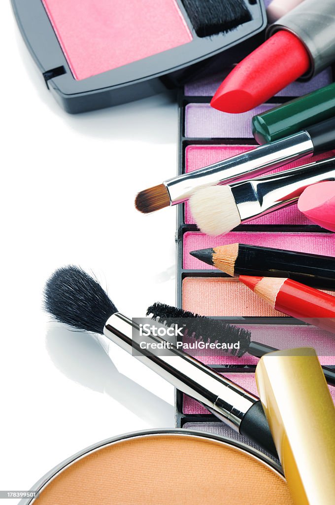 Colorful make-up products Colorful make-up products isolated over white Group Of Objects Stock Photo