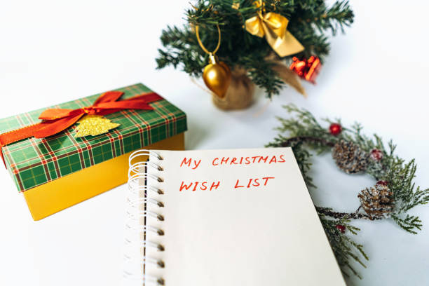 istock open notepad with christmas wish list text. decorated christmas tree on background 1783995301