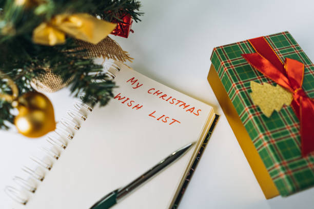 istock open notepad with christmas wish list text. decorated christmas tree on background 1783999097