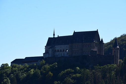 Vianden, Luxembourg - 08/10/2023: castle Vianden on the hill above the town Vianden