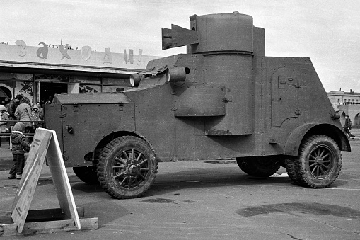 Moscow, Russia - October 1, 2023: Armoured car from WWI in the '60 years of Soviet cinema' exhibition in VDNKh in September, 1979. Black and white 35mm film scan