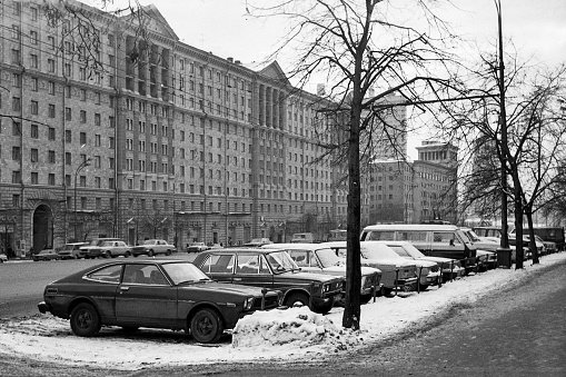 Moscow, Russia - October 1, 2023: Tchaikovsky street (now Novinskiy Boulevard) in February, 1983. Black and white 35mm film scan