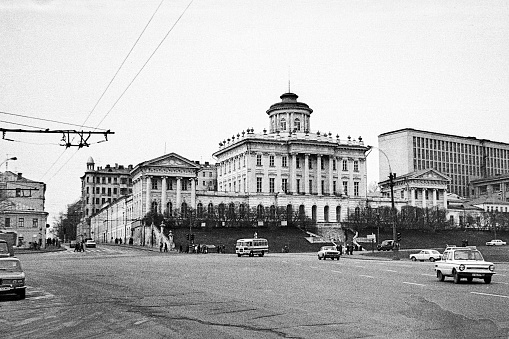 Moscow, Russia - October 1, 2023: Pashkov House (now Russian State Library) on Vozdvizhenka street in Moscow in April, 1982.  Black and white 35mm film scan