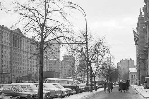 Moscow, Russia - October 1, 2023: The Garden ring by the US Embassy in Moscow in February, 1983. Black and white 35mm film scan