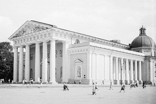 Moscow, Russia - October 7, 2023: Vilnius Cathedral during the Soviet occupation, July, 1984, Lithuania. Black and white film scan