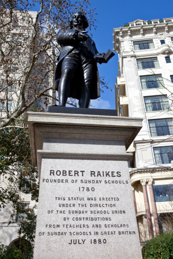 Statue of Robert Raikes in Embankment Gardens in London.  Robert Raikes was the founder of Sunday Schools.