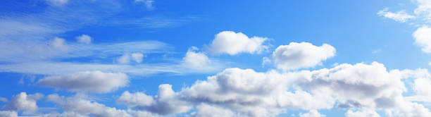 Beautiful bright blue summer sky with scattered fluffy clouds of various types, with copy space