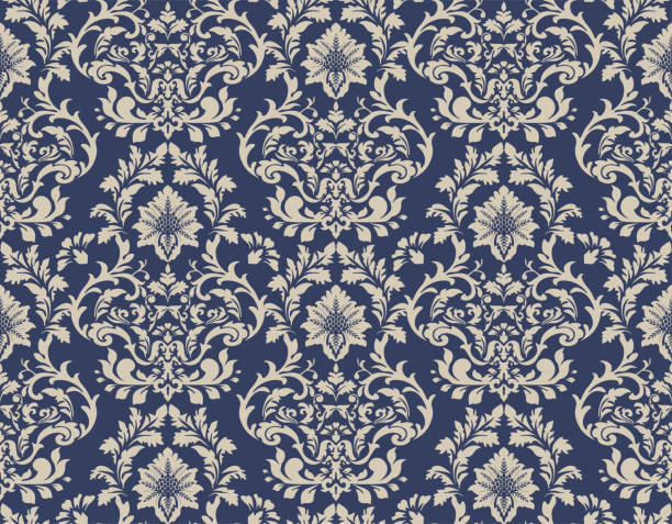 Bекторная иллюстрация Синий и бежевый викторианский дамасский роскошный декоративный тканевый узор