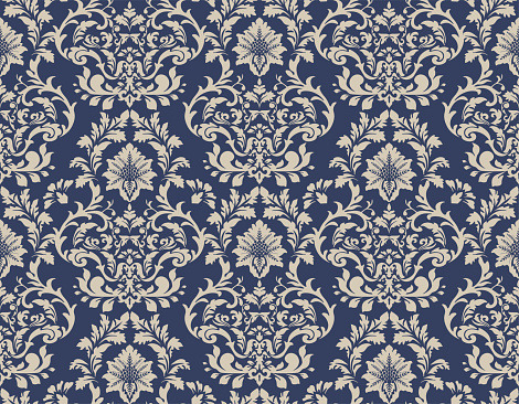Victorian damask in blue and beige color, luxury decorative fabric pattern.