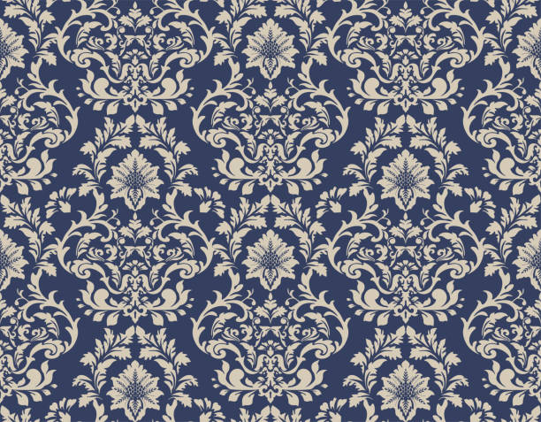 Blue And Beige Victorian Damask Luxury Decorative Fabric Pattern Victorian damask in blue and beige color, luxury decorative fabric pattern. victorian style stock illustrations