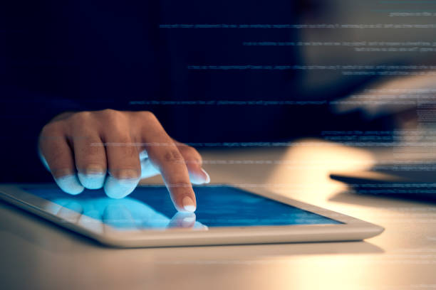 istock Hand, tablet and overlay in night at office for research, analysis and web design at desk for tech innovation. Man, mobile touchscreen and iot with 3d holographic ux, search and typing for website ui 1784028714