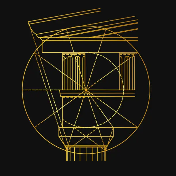 Vector illustration of Golden Ratio Doric Order Column Black Background