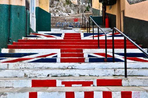 British flag on stairs in Gibraltar.