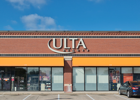 Houston, Texas USA 09-24-2023: ULTA Beauty storefront exterior and parking lot in Houston, TX. American beauty store chain founded in 1990.