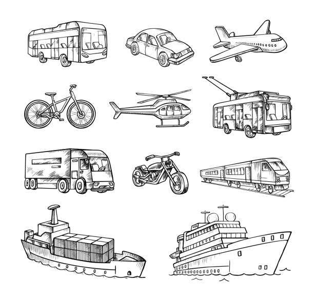 Transport and Logistics Doodles Set Transport and logistics doodles set. Vector doodle set showcasing the diversity of transportation and logistics. Ideal for dynamic and visually appealing illustrations. freight liner stock illustrations