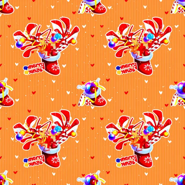 Vector illustration of Seamless New Year background made of creative New Year stickers in cartoon style. Christmas gifts in Santa Claus's stocking on an abstract cardboard background.