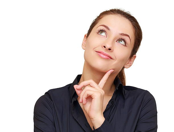 istock Thinking business woman looking up isolated on white background 178405265