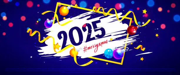Vector illustration of Happy New Year 2025 and Merry Christmas in cartoon style. Golden frame with Christmas balls and confetti on an abstract colored background with bokeh effect.