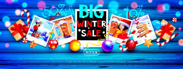 Vector illustration of The concept of New Year's discounts and sales in cartoon style. New Year's photos with the image of a girl, a bulldog, gifts in a Santa Claus hat, a road sign with arrows, a pickup truck and a decorated Christmas house. Stylish web template.