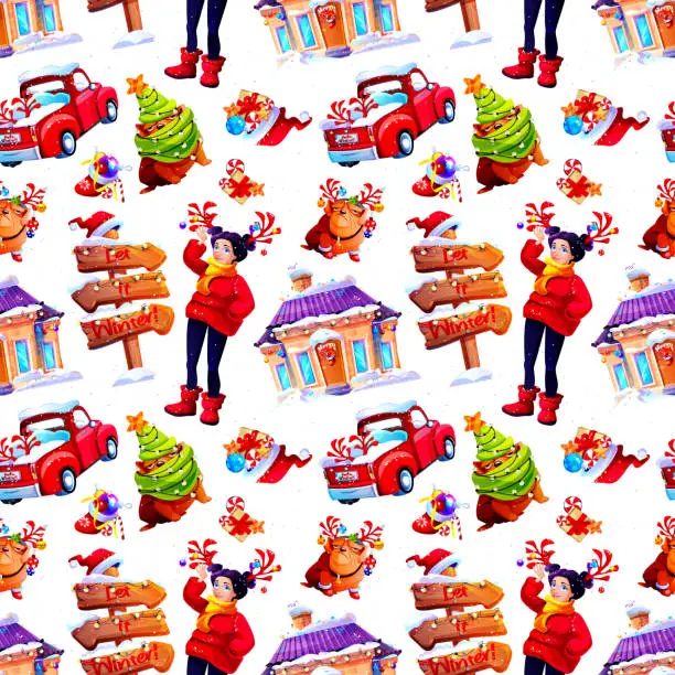 Vector illustration of Seamless New Year background made of creative New Year stickers in cartoon style. Girl, bulldog, gifts in Santa Claus hat, road sign with arrows, pickup truck and decorated Christmas house on a white background.