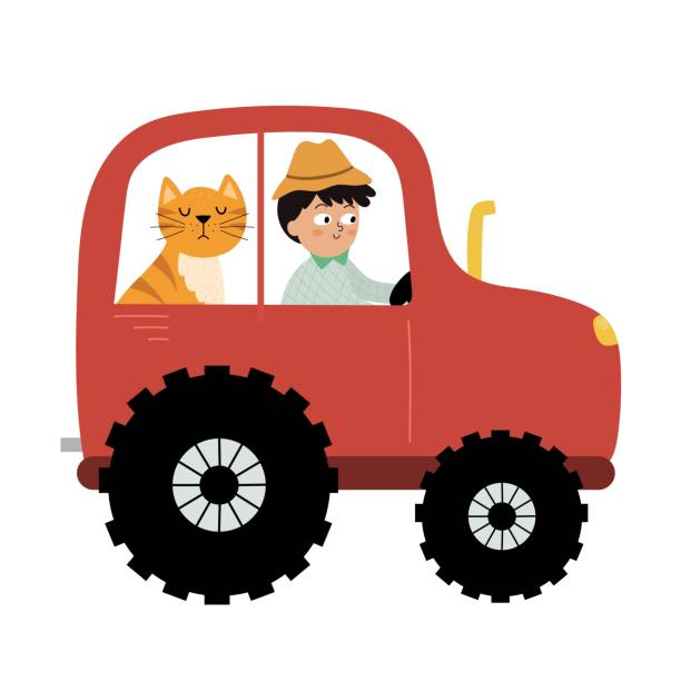 istock Boy farmer and cat driving on the tractor. Agriculture transport 1784073314