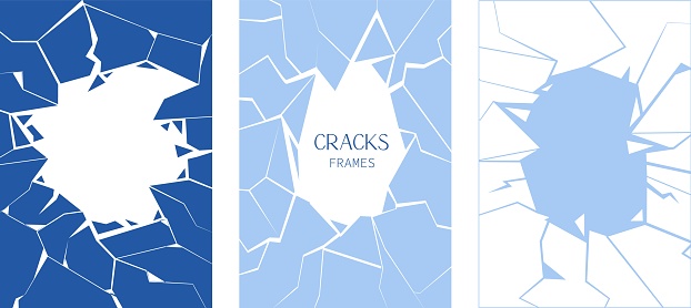 Ice crack frames set. Ice crash poster. Glass construction damage promo set. Simple vector crack effect.