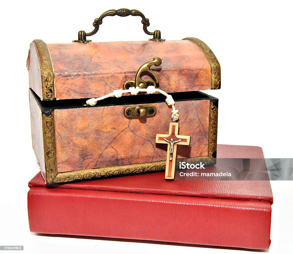 Chest with beads and bible Chest with beads and bible on white background Bible Stock Photo