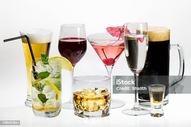 Various Types Of Alcohol On A White Background Stock Photo - Download Image Now - Alcohol - Drink, Artificial Ice, Beer - Alcohol