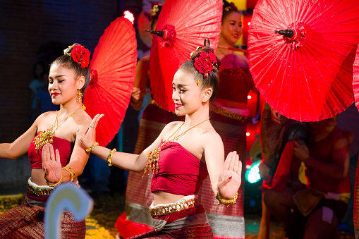 Namdinh, Vietnam - April 6, 2014:  The unidentified woman is dancing in a traditional folk festival in Phu Giay, Nam Dinh, Vietnam.