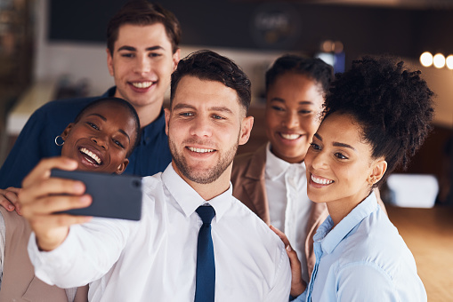 Selfie, group smile and business people in social media post, online corporate diversity and office staff photography. Happy professional friends, career influencer or employees in a profile picture