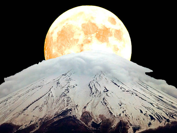 Mount Fuji In Front Of The Full Moon Stock Photo - Download Image