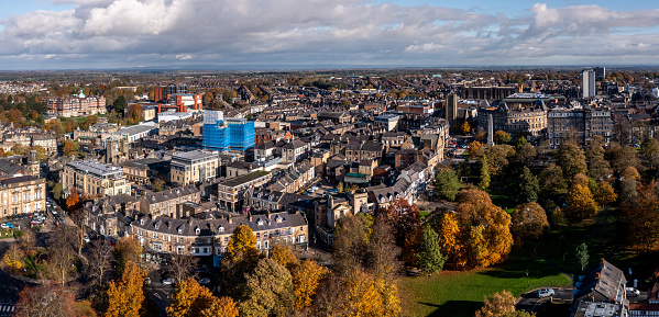 Montpellier Quarter, Harrogate, UK - November 7, 2023.  An aerial cityscape of the town centre and Montpellier Quarter in Harrogate, North Yorkshire with Autumn sunshine