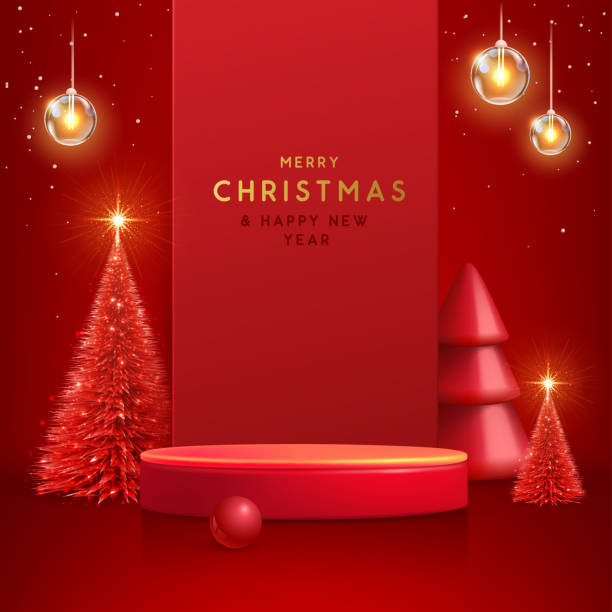 istock Holiday Christmas showcase red background with 3d podium and Christmas tree. Abstract minimal scene. Vector illustration 1784088294