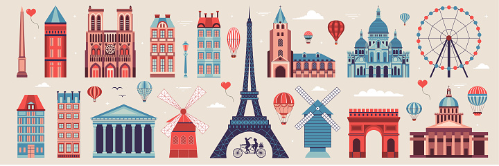 Paris vintage web banner with travel monuments, popular buildings and air balloons. France capital architectural iconic landmarks and cultural symbols.