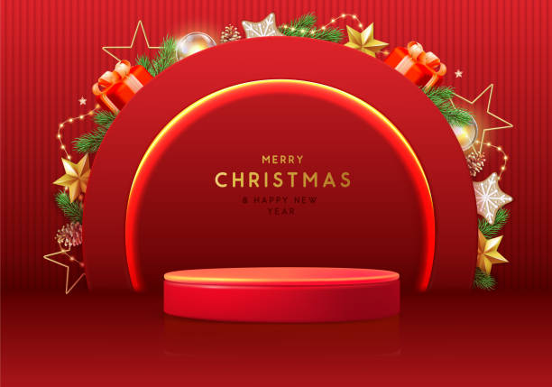 istock Holiday Christmas showcase red background with 3d podium and Christmas decoration. Abstract minimal scene. Vector illustration 1784100066
