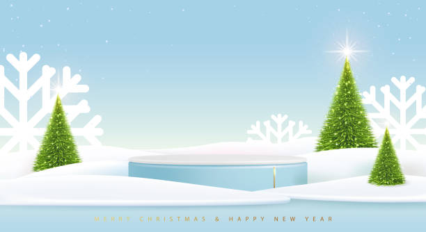 illustrazioni stock, clip art, cartoni animati e icone di tendenza di sfondo blu vetrina natalizia per le vacanze con podio 3d e albero di natale. scena minimale astratta. illustrazione vettoriale - winter snow non urban scene house