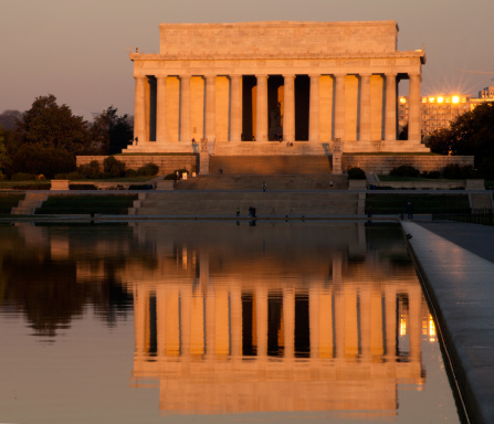 The Lincoln Memorial & Reflecting Pool at sunrise. Washington, DC, USA, April 2013