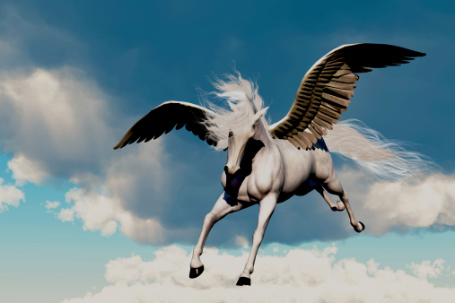 A white Pegasus stallion flies high in the sky among fluffy clouds.