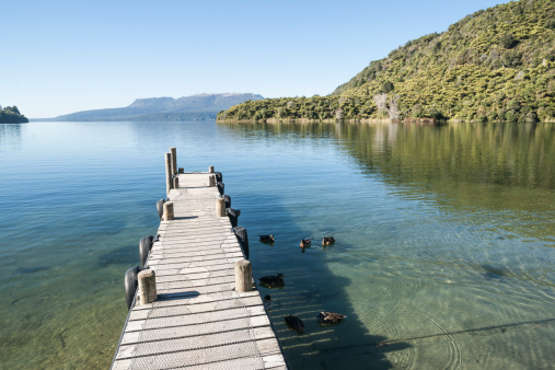 Jetty projects into scenic Lake Tarawera.