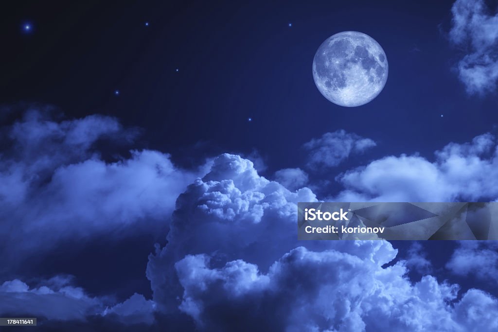 Tragic night sky with a full moon Tragic night sky with a full moon and shining stars Night Stock Photo