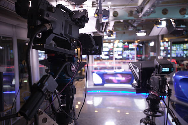 TV studio with camera and lights. stock photo