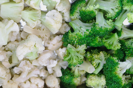 Close-up directly above shot of Chopped Broccoli and Cauliflower at Salad Bar