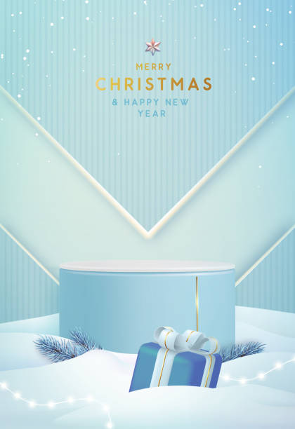 illustrazioni stock, clip art, cartoni animati e icone di tendenza di sfondo blu vetrina natalizia per le vacanze con podio 3d, albero di natale e confezione regalo. scena minimale astratta. illustrazione vettoriale - winter non urban scene snow tree