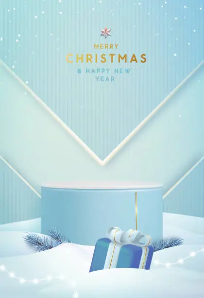 Vector illustration of Holiday Christmas showcase blue background with 3d podium, Christmas tree and gift box. Abstract minimal scene. Vector illustration