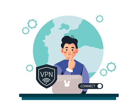 A young man uses a VPN on his computer. The concept of a VPN service. Secure online connection and protection. Vector illustration