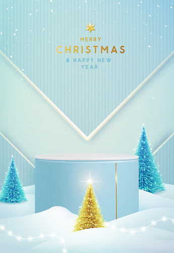 Holiday Christmas showcase blue background with 3d podium and Christmas trees. Abstract minimal scene. Vector illustration