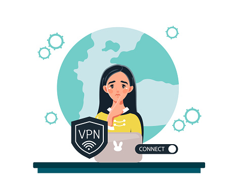 A young woman uses a VPN on her computer. The concept of a VPN service. Secure online connection and protection. Vector illustration