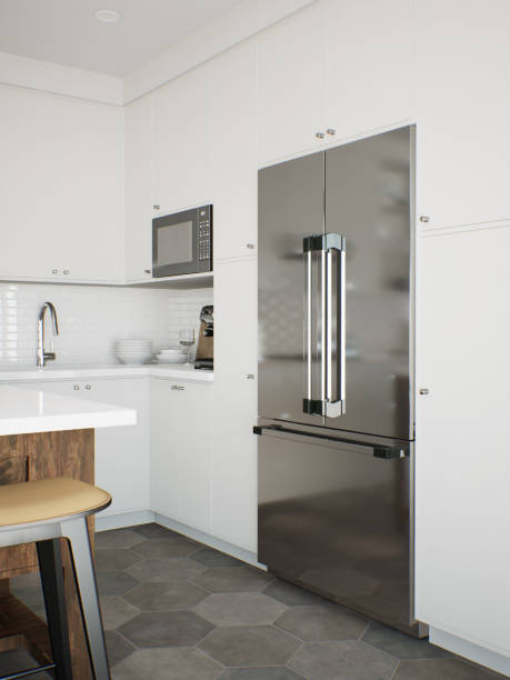 istock White kitchen with refrigerator and kitchen utensils. Stylish kitchen in traditional style. 3D rendering 1784151462